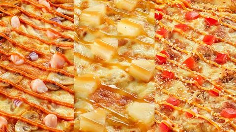 There are three types of pizza. Macro details of ingredients. Italian food co Stock Photos