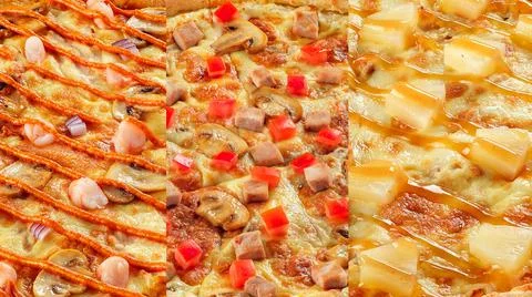 There are three types of pizza. Macro details of ingredients. Italian food co Stock Photos