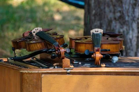 There are two violins on the table Stock Photos