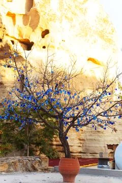 There is a beautiful tree placed in a pot adorned with blue glasses devil eye Stock Photos