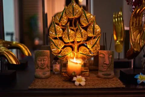 There is a candle on the table Stock Photos