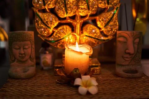 There is a candle on the table Stock Photos