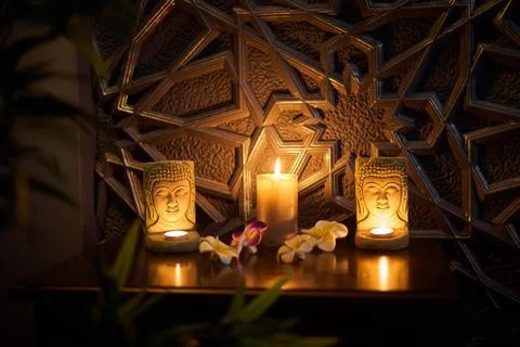 There is a candle on the table Stock Photos