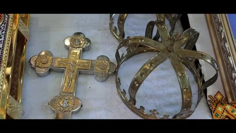 There is a cross on the throne. Prayer to God, faith in God. Stock Footage 287642393