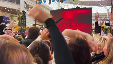 There is a crowd of young fans in front of the stage. Stock Footage 329140018