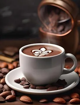 There is a cup of coffee next to some cocoa beans 库存照片