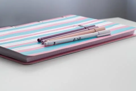 There is a large notebook on the table. Stock Photos