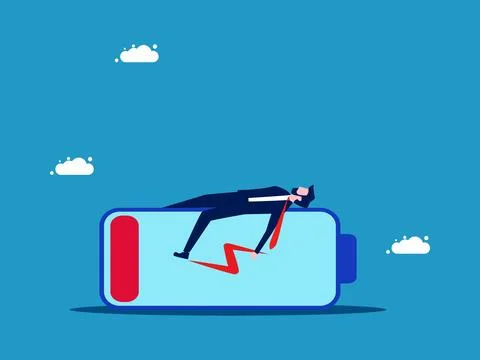 There is little power left to work. Businessman lying on low battery Stock-Illustration