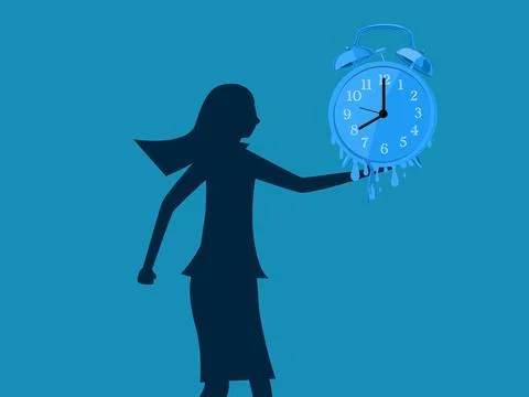 There is little time left in life. woman holding a melting watch. vector Stock Illustration