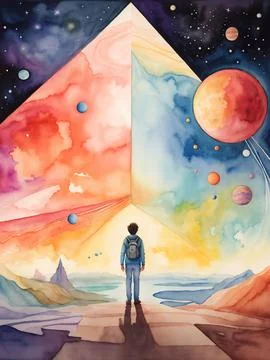 There is a man looking at a triangular in the sky Illustrazione stock