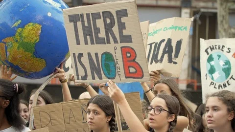 There is not Planet B. Young People and Posters at Global Climate Strike  Stock Footage 116800985