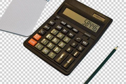 There is a notepad and a pencil next to the calculator. Stockfoto's