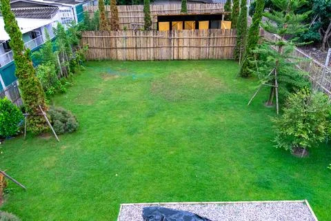 There is plenty of space in the backyard with bamboo fence. It is appropria.. Stock Photos