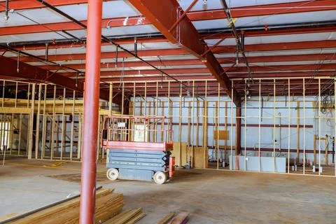 There is process of reconstruction taking place in interior of warehouse a large Stock Photos