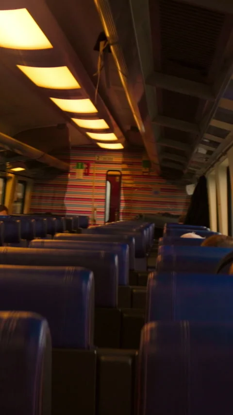 There is a row of empty blue seats located on a train carriage Stock Footage 319617495