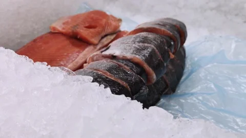 There is a salmon in the shop window. The camera circled over the ice, where the Video stock 138730585