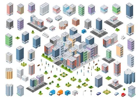 There set are many urban 3D buildings in different Ilustración de archivo