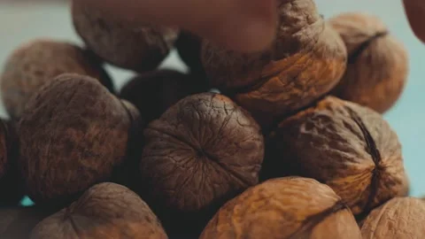 There is a small pile of walnuts, resembling a brain, the shell of the nuts is Stock Footage 150286481