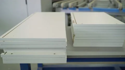 There is a stack of OSB sheets on the table. Construction material. OSB sheets Stock Footage 213854672