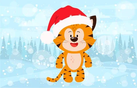 There is a tiger cub in the winter forest. Illustrazione stock