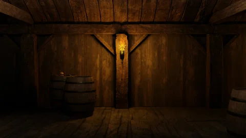 There is a torch burning inside the tavern, next to a barrel with a skull. Stock Footage 264097895