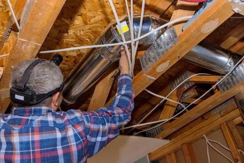 There is a ventilation pipe system that is mounted inside ceiling the ducts Stock Photos