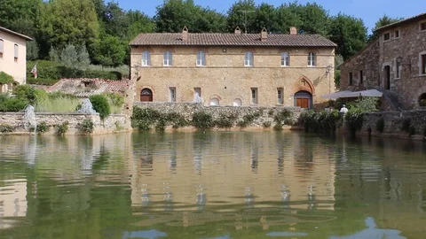 Thermal bath in the square of Bagno Vignon, Siena countriside, Tuscany, Italy Stock Footage 99154587