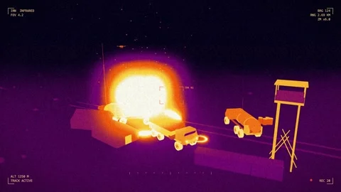 Thermal camera imagery of bombs bursting on supply depot Stock-Footage 342333400
