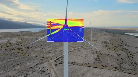 Thermal Camera Inspection of Wind Turbine Detecting Overheating Hotspots and Stock Footage 342356763