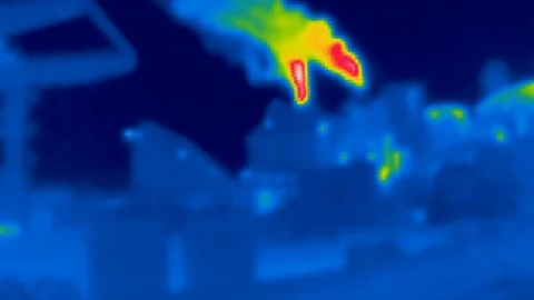 Thermal camera view, Factory with Chimney in cold surroundings Stock Footage 105498551