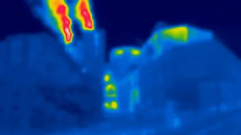 Thermal camera view, Factory with Chimney in cold surroundings Stock Footage 105500338