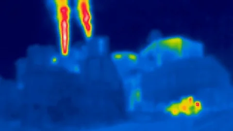 Thermal camera view, Factory with Chimney in cold surroundings Stock Footage 105500923