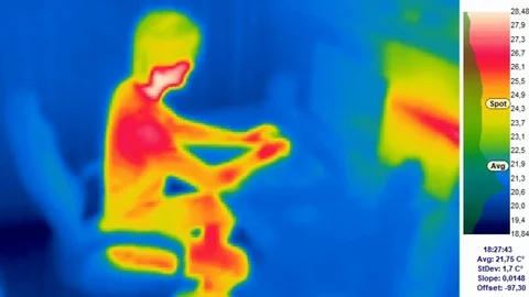 Thermal camera view, A person is working on a computer, with color scale Video stock 98902086