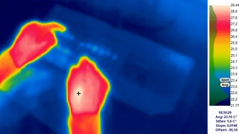Thermal camera view, A person is working on a computer, with color scale Stock Footage 105468122