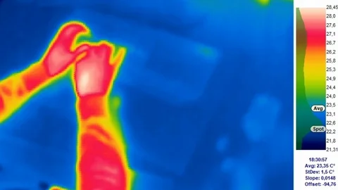Thermal camera view, A person is working on a computer, with color scale Stock Footage 105469070