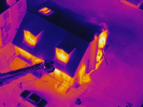 Thermal Flir Emergency Scene - Fire Smoke Building Firefighter EMS Police Tra Stock Footage 78212901