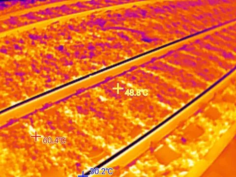 Thermal image captured during summer heat, showing two parallel railway tracks 库存照片
