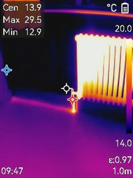 Thermal image of radiator, central heating system, UK home Stock Photos