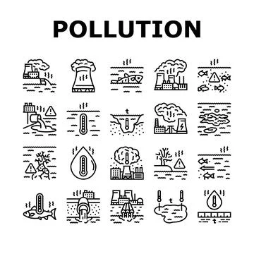 Thermal pollution ecosystem icons set vector Illustrazione stock