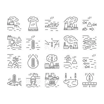 Thermal pollution ecosystem icons set vector Stock Illustration