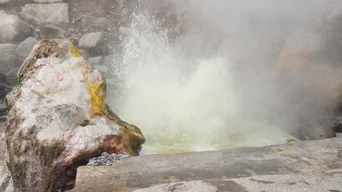 Thermal pool from volcanic lake steaming in furnas Azores Portugal slow motio 4k Stock Footage