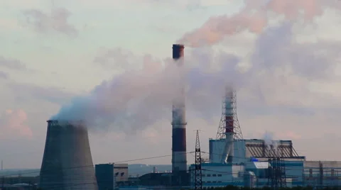 Thermal power plant  complex of one large, wide pipe and two high tube Stock Footage 63063416