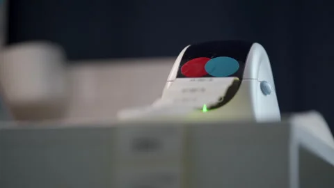 Thermal shipping barcode label printer printing labels Stock Footage 265674387