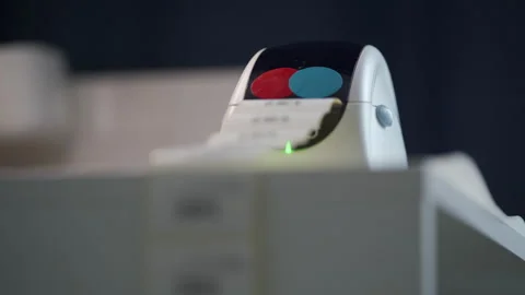 Thermal shipping barcode label printer printing labels Stock Footage 265675356