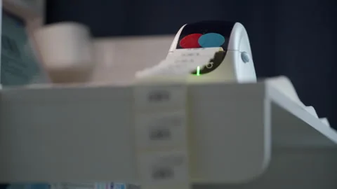 Thermal shipping barcode label printer printing labels Stock Footage 265678694
