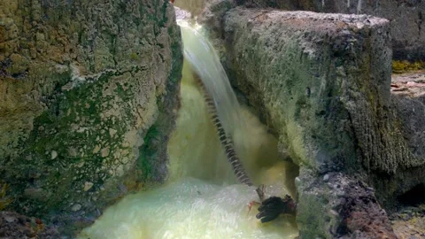 Thermal spring in the forest. Warm, gray-rich water flowing in a green stream Vídeo Stock 150859283