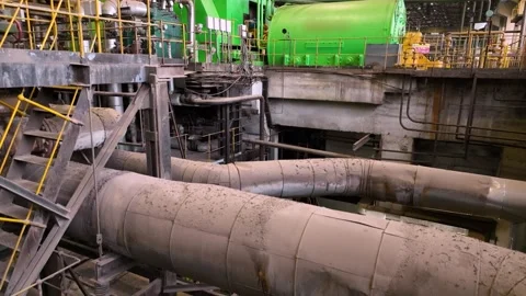 Thermal turbines on the general plan inside the thermal power plant buil 스톡 동영상 327518025