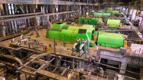 Thermal turbines on the general plan inside the thermal power plant buil 스톡 동영상 327518067
