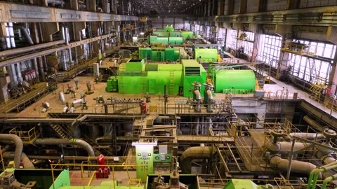Thermal turbines on the general plan inside the thermal power plant buil Stock Footage 327518111