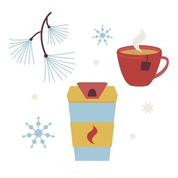 Thermo mug for hot drinks to go and Cup of tea or coffee. Tea bags and dishes Stock-Illustration